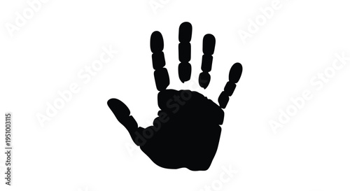 A stark black handprint against a clean white background is displayed