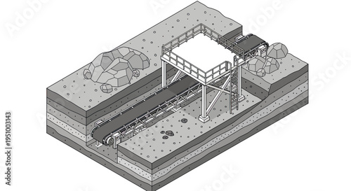 Isometric illustration of an open-pit mining operation with a conveyor belt system transporting extracted materials to a processing area.
