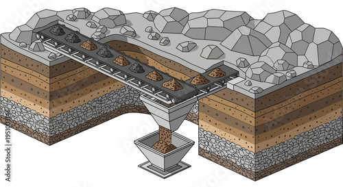 Isometric illustration of a conveyor belt system transporting materials over a cross-section of earth layers and rocks.