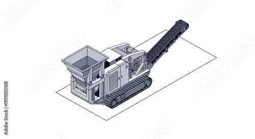 Isometric illustration of a mobile tracked crushing machine with a conveyor belt, designed for industrial material processing.