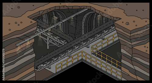 Isometric view of an underground tunnel junction with conveyor belts and safety railings, revealing layered earth strata.