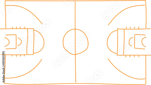 Simple orange line drawing illustrating the overhead view schematic of a standard professional basketball court layout featuring clear boundary lines and designated key areas for competitive sports pl