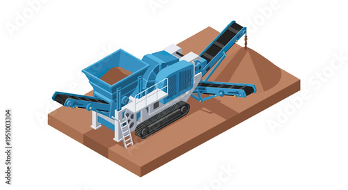 Isometric illustration of a mobile crushing plant processing aggregate materials on a construction site.
