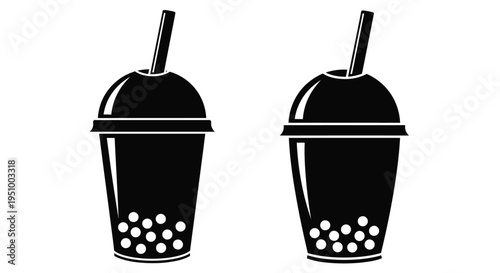 Two black and white illustrations of bubble tea drinks with straws