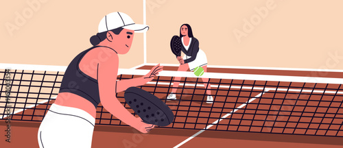 Flat vector illustration of two women playing padel on a court. Ideal for sports promotion, padel clubs, website, banner, poster, tournaments, fitness campaigns, and social media graphics.