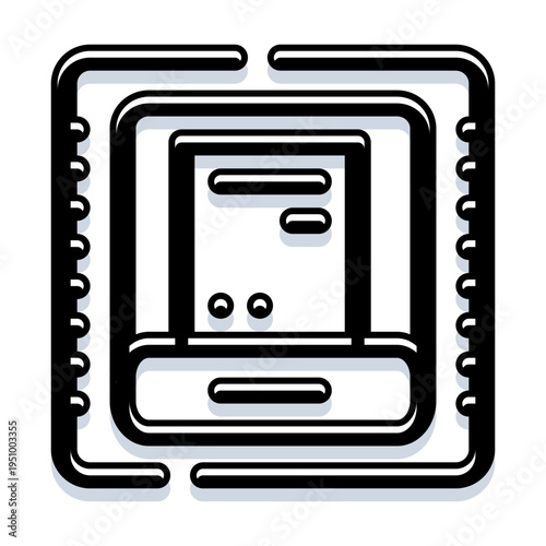Black and white vector of a computer processor chip, clean schematic outline representing hardware, microprocessor technology, circuits, computing, and digital infrastructure