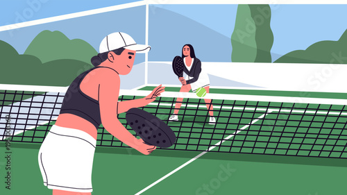 Flat vector illustration of two women playing padel on a court. Ideal for sports promotion, padel clubs, website, banner, poster, tournaments, fitness campaigns, and social media graphics.