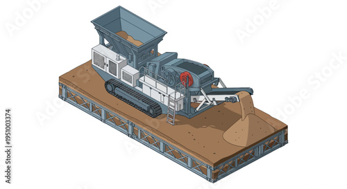 Isometric illustration of a mobile crushing machine processing aggregate material on a construction site.