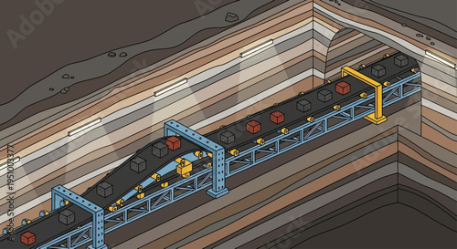 Isometric illustration of a coal mine with conveyor belts transporting coal from the depths of the earth.