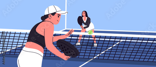 Flat vector illustration of two women playing padel on a court. Ideal for sports promotion, padel clubs, website, banner, poster, tournaments, fitness campaigns, and social media graphics.