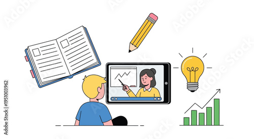 A cartoon illustration of a student learning online with a teacher