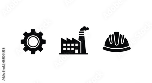 Industrial icons depicting factory gear and safety helmet silhouette