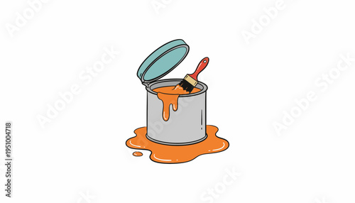 Orange paint spills from an open can with a brush, isolated on white background