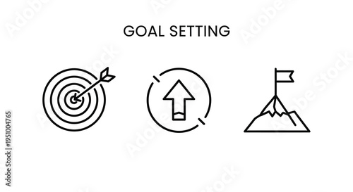 Goal setting icons depicting targets progress and achievement silhouette