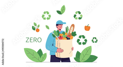 A man holding a reusable bag with fresh produce and recycling symbols