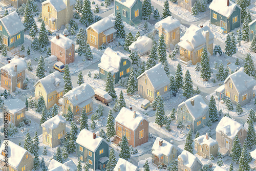 Seamless isometric snowy town pattern with cozy homes, snow covered roofs, pine trees, and warm glowing windows creating peaceful winter village scene with cars and pathways