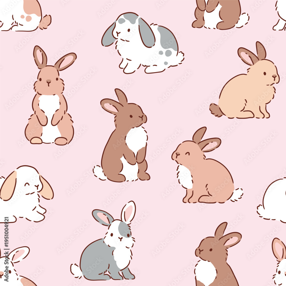 Obraz premium Cute tiny rabbits on isolated background. Seamless vector pattern. Hand drawn Easter bunny pattern. 