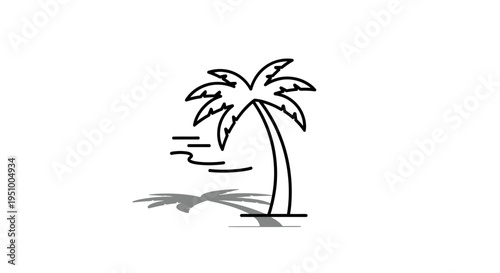 Palm Tree Silhouette with Shadow and Wind Lines, Tropical Beach Icon