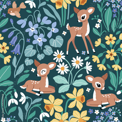 Cute woodland deer and spring flowers. Hand drawn floral background. Seamless vector pattern with fawn and butterfly.