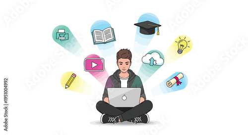 A young man sitting with a laptop surrounded by education icons