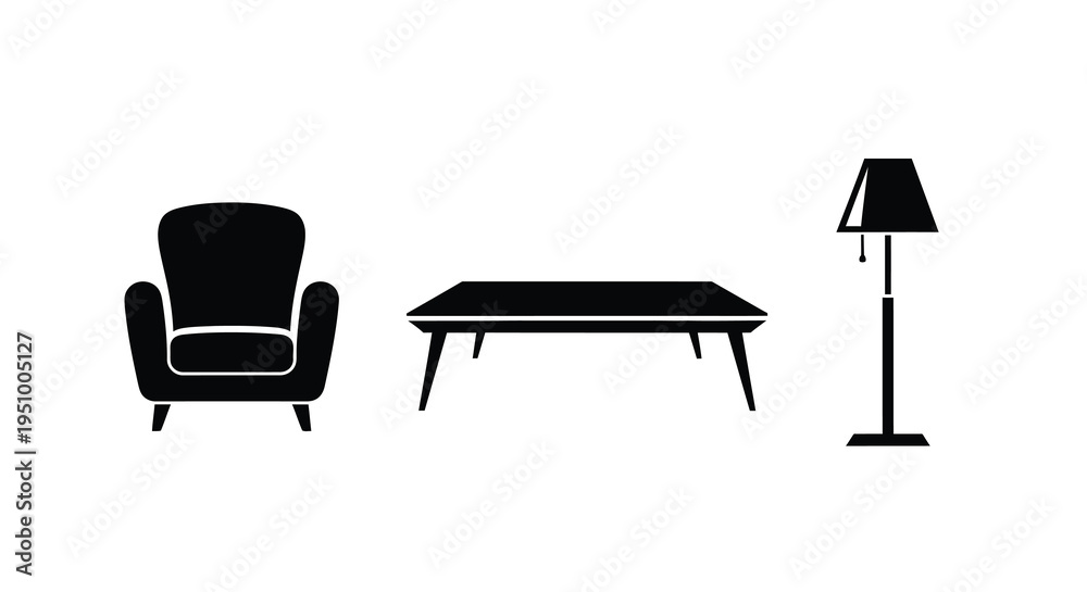 Fototapeta premium Modern furniture arrangement with a chair table and lamp silhouette