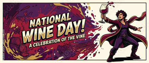 Wine Day Celebration Dynamic Female Heroic Pose with Splashing Red Wine