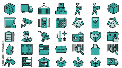 Logistics and storage icon set. Warehouse, shipping, delivery, transport, inventory, security, moving, distribution, courier, parcel, box, service, business
