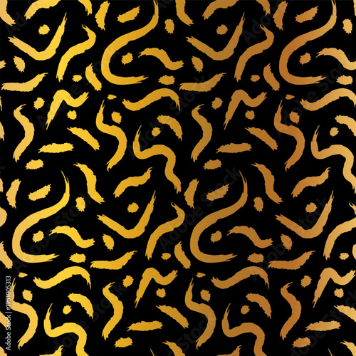 Boho Gold Black Grunge Seamless Pattern. Hand Drawn Luxury Ornament