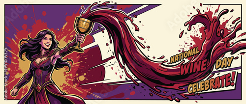 Wine Heroine Holding Golden Goblet with Flowing Red Wine for Celebration
