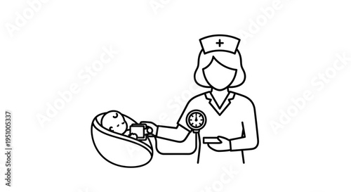Nurse checks baby's blood pressure with sphygmomanometer, healthcare concept