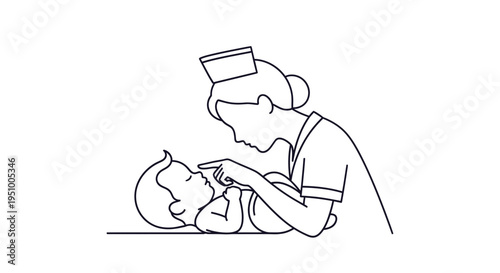 Nurse examining a newborn baby's face with a gentle touch in a medical setting