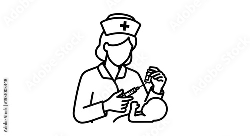 Nurse giving injection to baby, medical care, vaccination concept, line art illustration