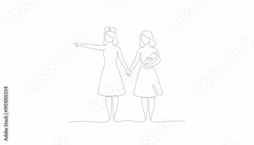 Nurse Guiding New Mother Holding Baby, Continuous Line Art