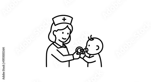 Nurse Giving Pacifier to Baby, Medical Care, Healthcare Icon, Simple Line Art