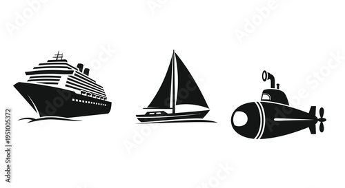 Black silhouettes of a cruise ship sailboat and submarine