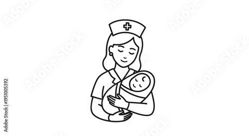Nurse holding a newborn baby in her arms, illustration