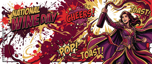 Wine Day Celebration Dynamic Heroic Pose with Bottle Splashing