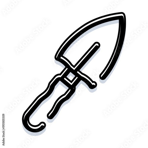 Garden trowel with short handle and pointed blade, ideal for planting, weeding and transplanting in backyard beds, simple minimalist hand tool illustrationicon