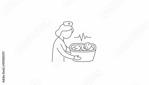 Nurse Holding Newborn Baby in Basket with Heartbeat Line