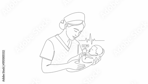 Nurse holding newborn baby with vital signs monitor and heartbeat line