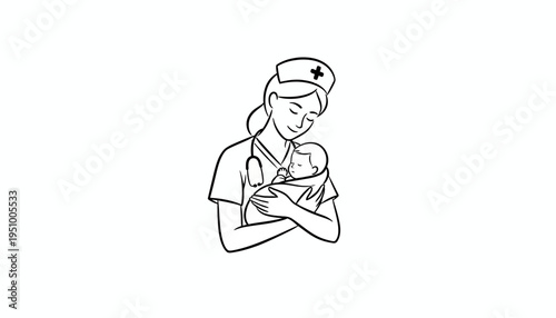 Nurse holding newborn baby with stethoscope around neck, gentle care, medical support, illustration