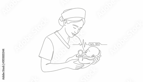 Nurse Holding Newborn Baby with Vital Signs Monitor Displaying SpO2