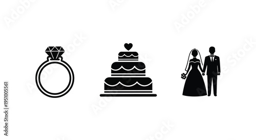 Wedding symbols including a ring cake and couple silhouette