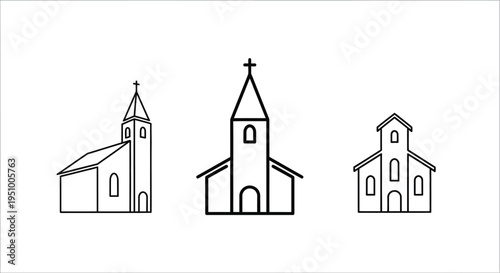 Three simple church building outlines in a minimalist style silhouette