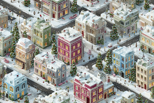 Winter city block with snow covered buildings and decorated Christmas trees, festive atmosphere with people walking on streets during snowfall