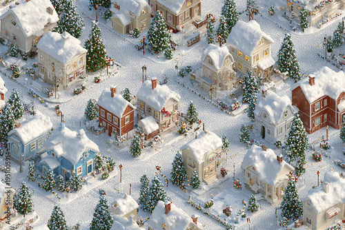 Winter holiday town with snow covered houses and decorated Christmas trees in seamless isometric pattern, creating festive and cozy winter village atmosphere