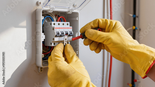 Foto electrician at work, Electrician works on panel, Technician wears safety gloves,