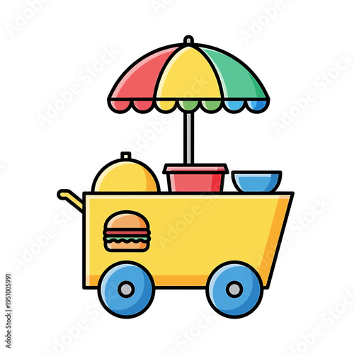 Cartoon Food Cart with Umbrella and Burger Icon