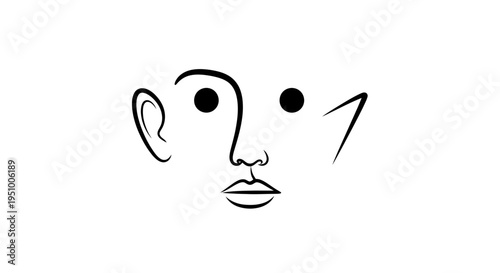 Abstract minimalist face drawing with simple lines and dots on white background