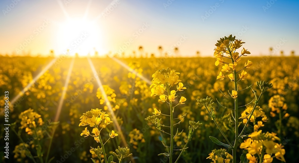 Fototapeta premium Warm summer sunset over a vibrant yellow flower field